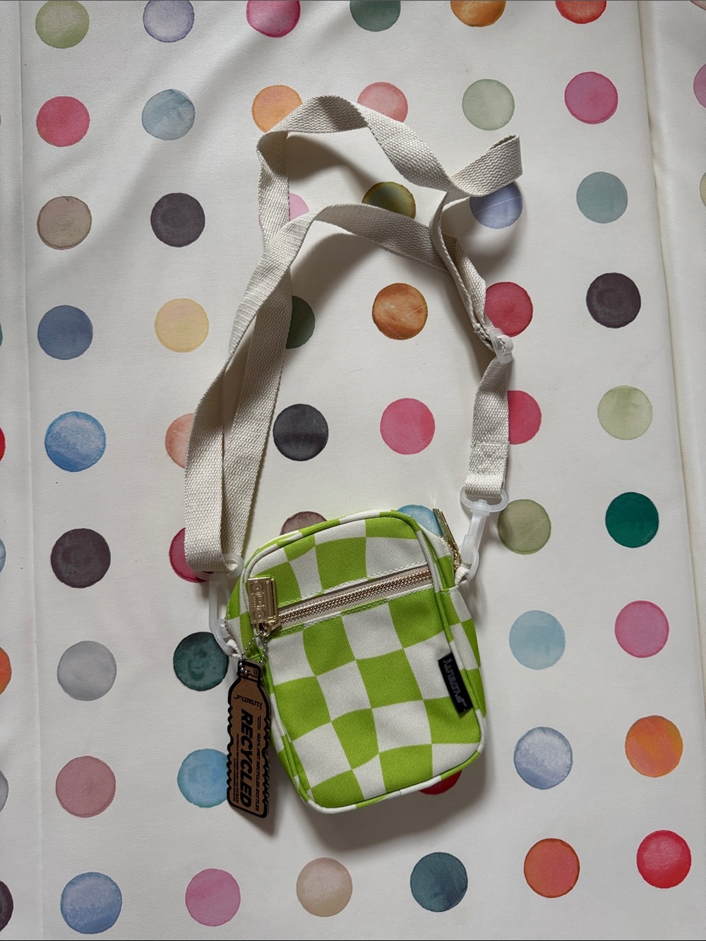 Green and white checkered crossbody bag